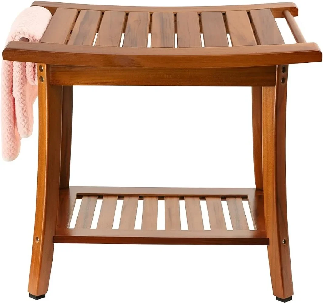 Teak Shower Bench Seat with Handles, Portable Wooden Spa Bathing Stool with Storage Towel Shelf, 22