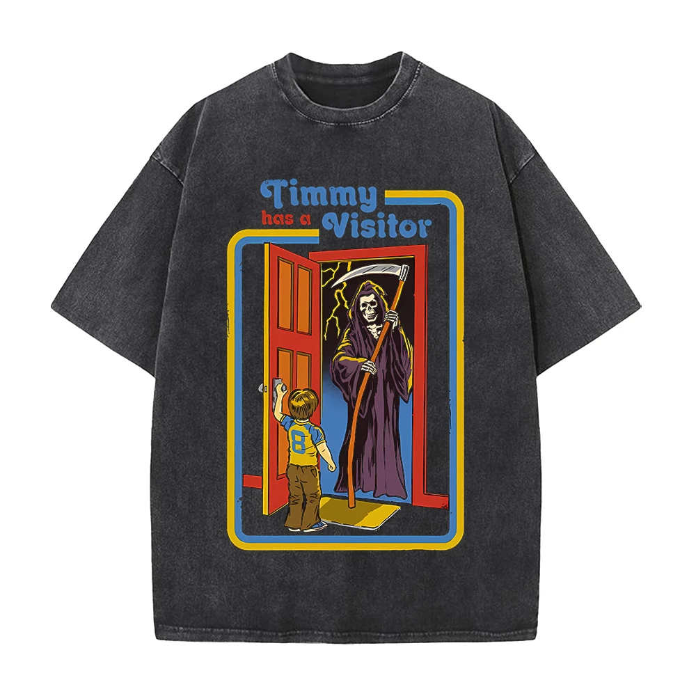 Timmy Has A Visitor Death Printed T-shirt  Vintage Washed T Shirt Men Clothing Summer Short Sleeve 100% Cotton Tees Tops Clothes