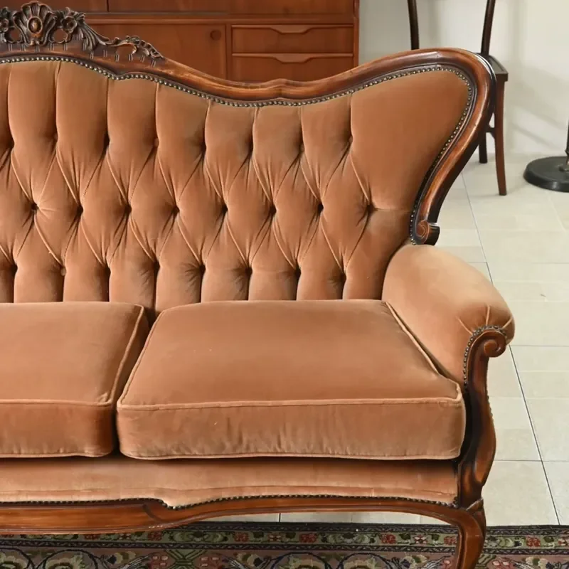 Medieval Solid Wood Carved 3 Seater Sofa American Fabric Tufted Button High Back Double Couch for Studio Club Living Room