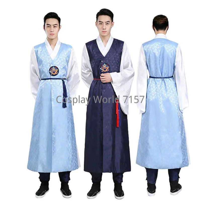 Men's Traditional Korean Hanbok Outfit Jacquard Vest White Inner Shirt Korean Royal Court Costume For Wedding Stage Performance