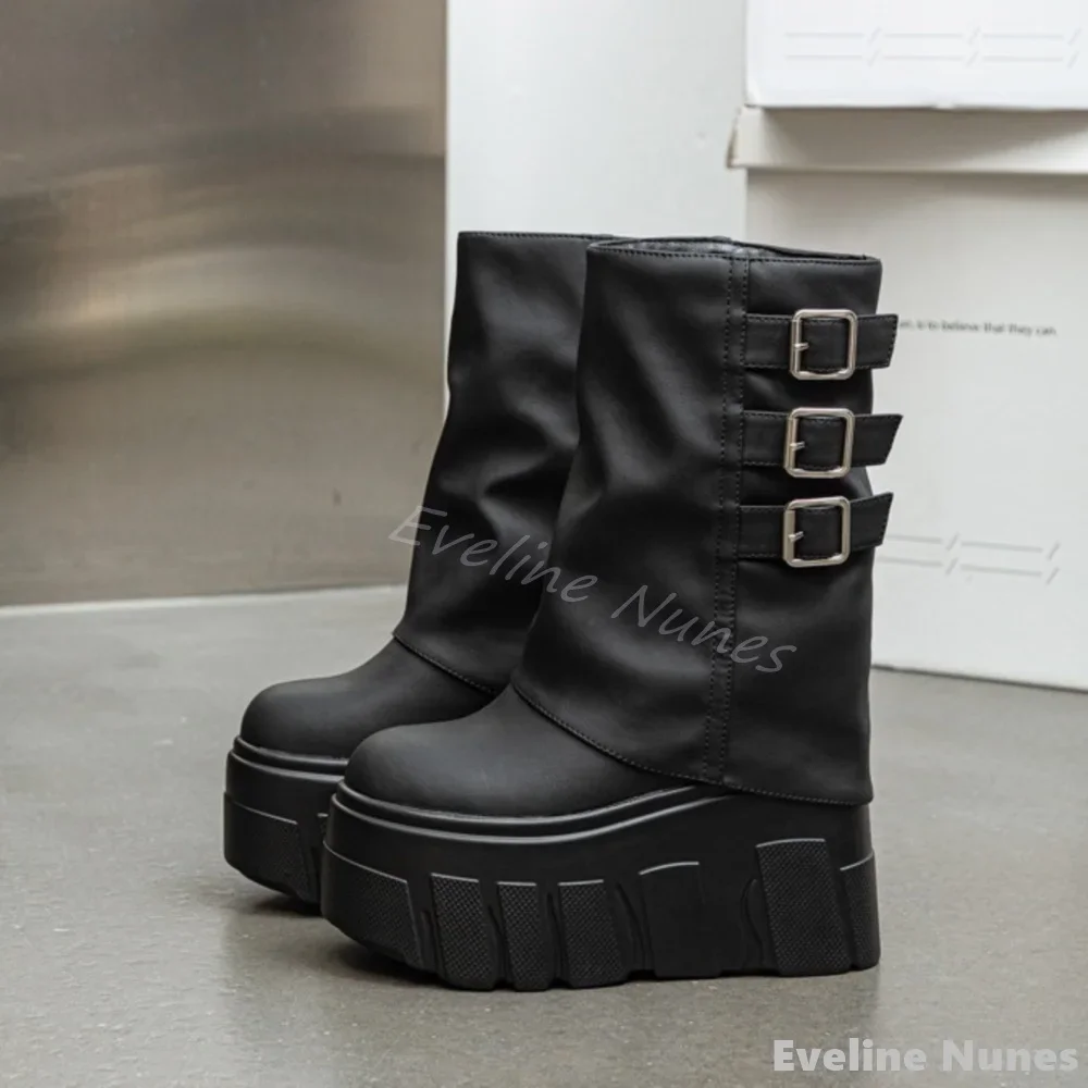 

Round Toe Thick Sole Trouser Boots Women Belt Buckle Side Zipper Solid Leather Casual Mid Calf Boots 2025 Super High Heels Boots