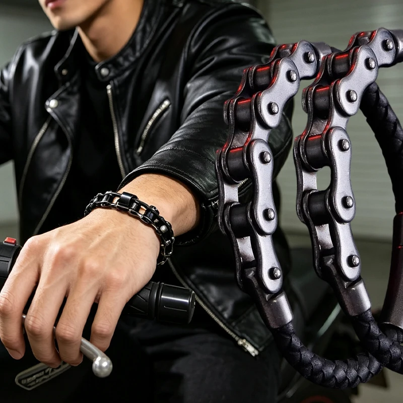 Punk Rock Men Vintage Black Bicycle Chain Bracelet Creative Motorcycle Leather Bracelet Niche Ghost Rider Cosplay Jewelry Decor