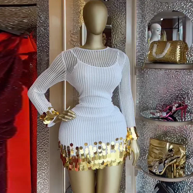 

Women Dresses Sequined Dress Cut Out Round Neck Long Sleeves Mini Length Cinched Empire Waist Casual Slim Fit 2026 Spring Autumn