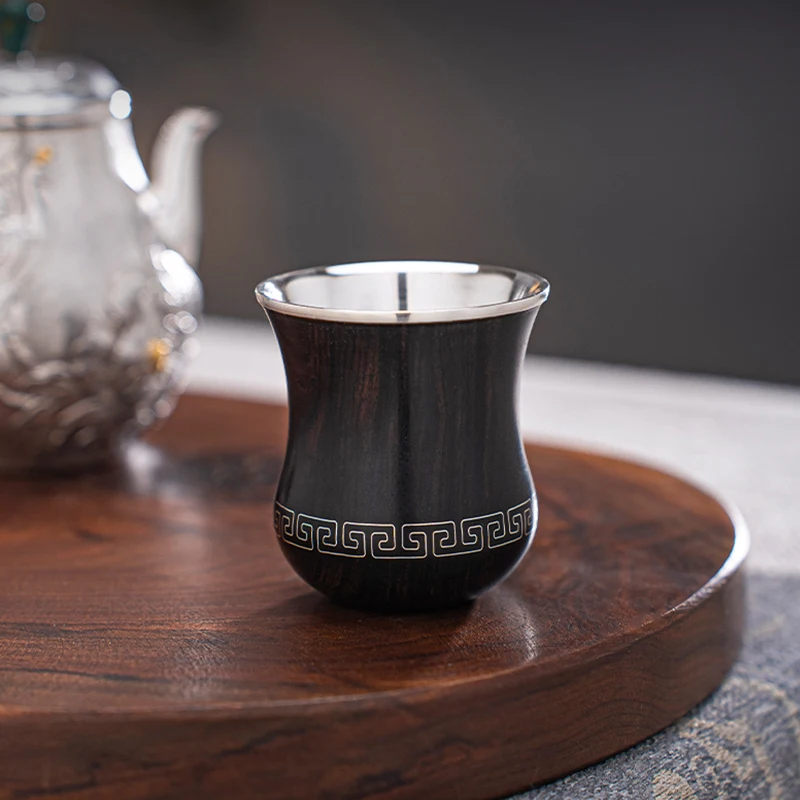 كوب فضي نقي 99.9%، كوب فضي خشبي، كوب شاي مع بطانة داخلية فضية، كوب منزلي رائع، مقاوم للحرارة، خشب الصندل المرصع بالحرير #5