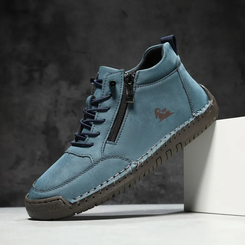 Men High Top Casual Leather Shoes Hand Stitched Ankle Boots Men Lace Up Side Zipper Outdoor Walking Sneaker Zapatos Botas Hombre