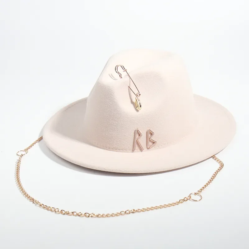 New Luxury Desige Letter Fedora Hat For Women Metal Chain Decor Jazz Hat Party Church Caps