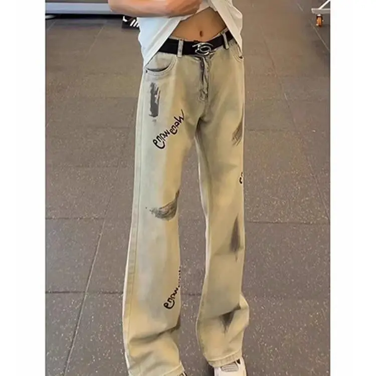 

Мужские джинсы прямого кроя с эффектом потертости, пэчворком и вышивкой, в стиле стритвир, хип-хоп, повседневные, из хлопка и полиэстера