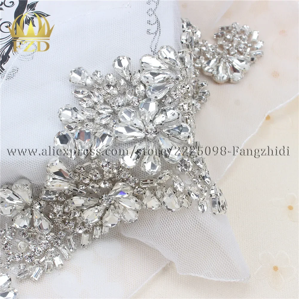 FZD 1 Piece Handmade Rhinestones Sewing on Crystal white Gauze Applique Rhinestone Trim for Wedding Bridal Dress Clothes FA-880