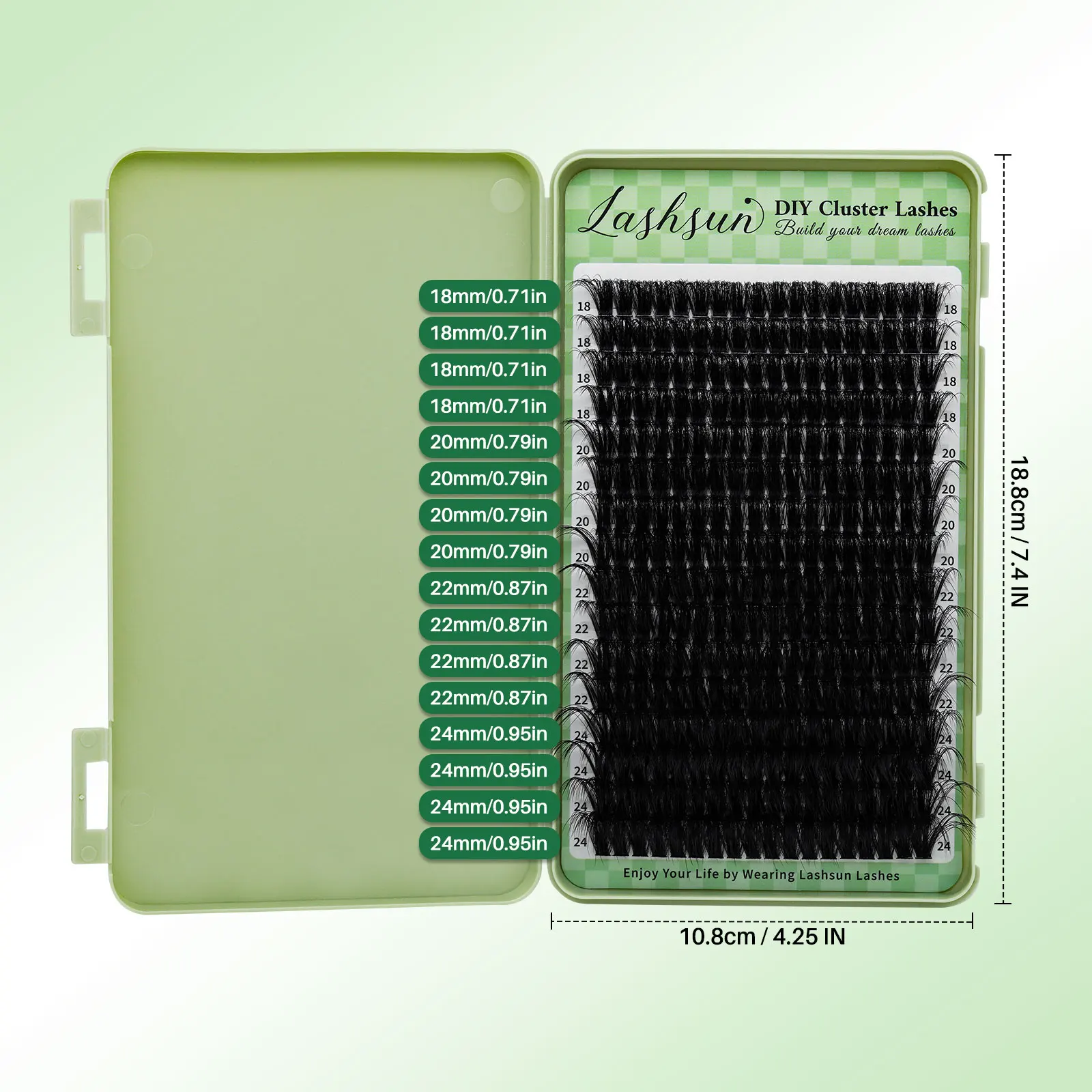 LASHSUN 100D D Curl 18-24mm Lunghezza mista Soffici ciglia a grappolo di volume Ciglia finte morbide e confortevoli Ciglia a lunga durata
