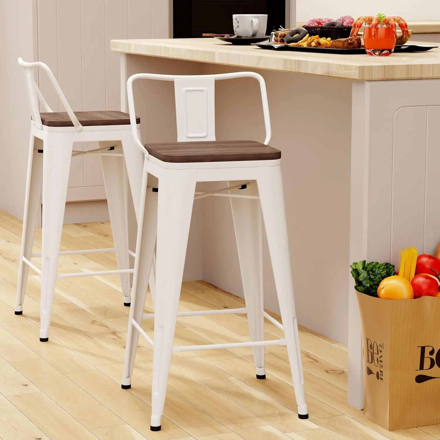 

Набор из 2 барных стульев с низкой спинкой, металлическим каркасом и деревянной столешницей для кухни и дома, цвет кремовый, на заказ