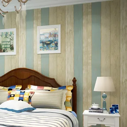 Blue Mediterranean wood grain nonwoven wallpaper Retro nostalgic bedroom living room TV background wall striped wallpaper.
