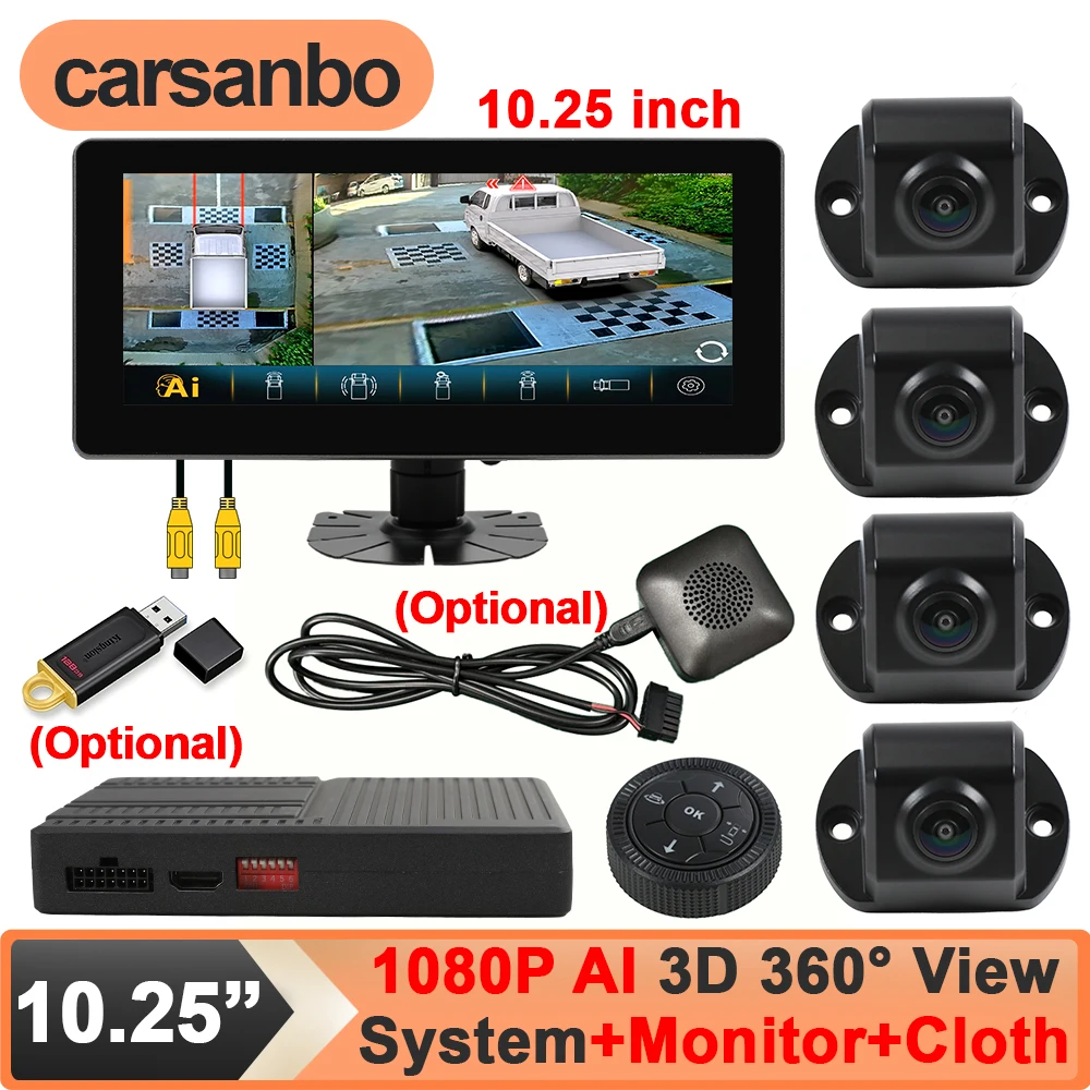 Carsanbo AI 3D 360 Degree Car Camera AHD 1080P Surround View System 4CH with 10.25