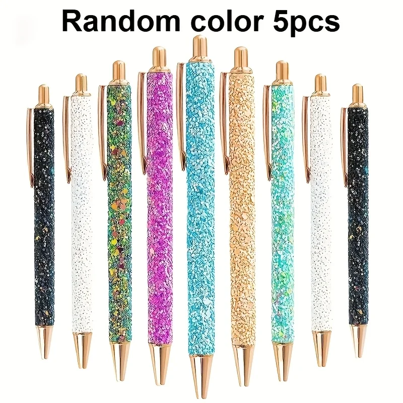 5pcs Random Color Bling Sparkly Metal Pens, Retractable Ballpoint Pens Cute Black Ink Fine Point Gift Pens