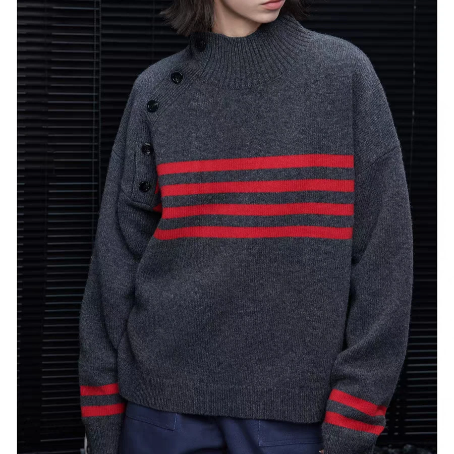 

【Gift Free】Women Oversized Asymmetric Mock Neck Sweater 2025 Fall Winter Red Stripe Side Button Loose Pullover Knitwear