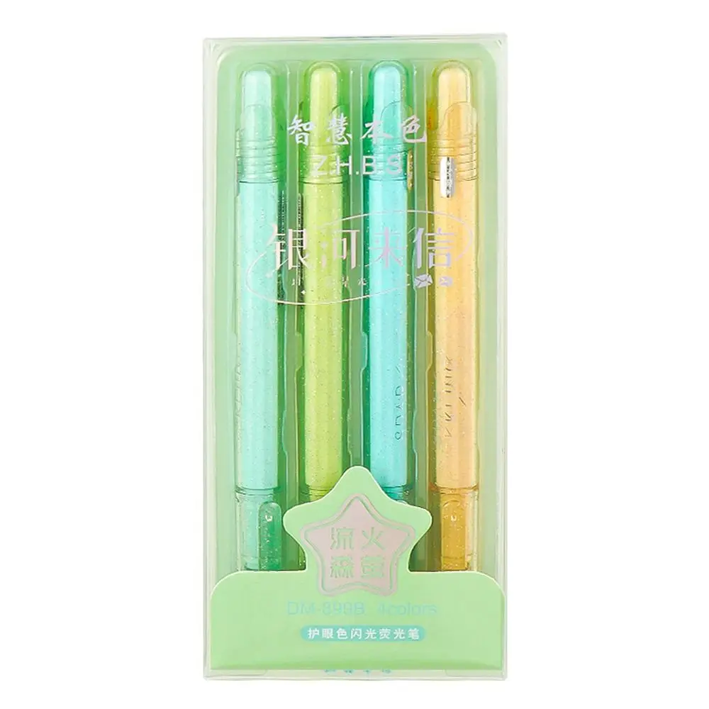 4PCS/Set Shimmery Glitter Highlighter Quick Drying Double Head Fluorescent Pen Mark Key Points Color Marker Pen School Office
