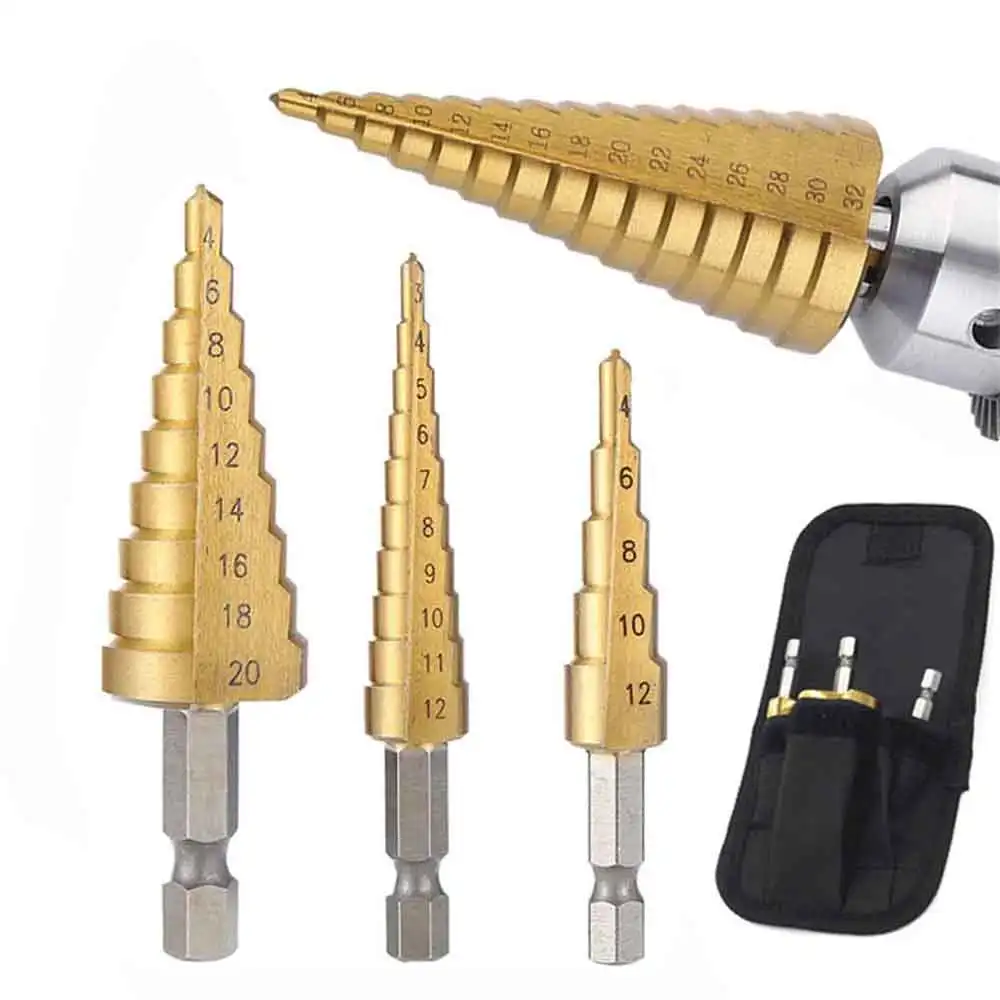 ไทเทเนียมเคลือบขั้นตอนเจาะบิตสําหรับโลหะไม้,4-12 มม.3-13 มม.4-20 มม.เปิดรูเครื่องตัด, ไม้เหล็กความเร็วสูงเจาะชุด Bit