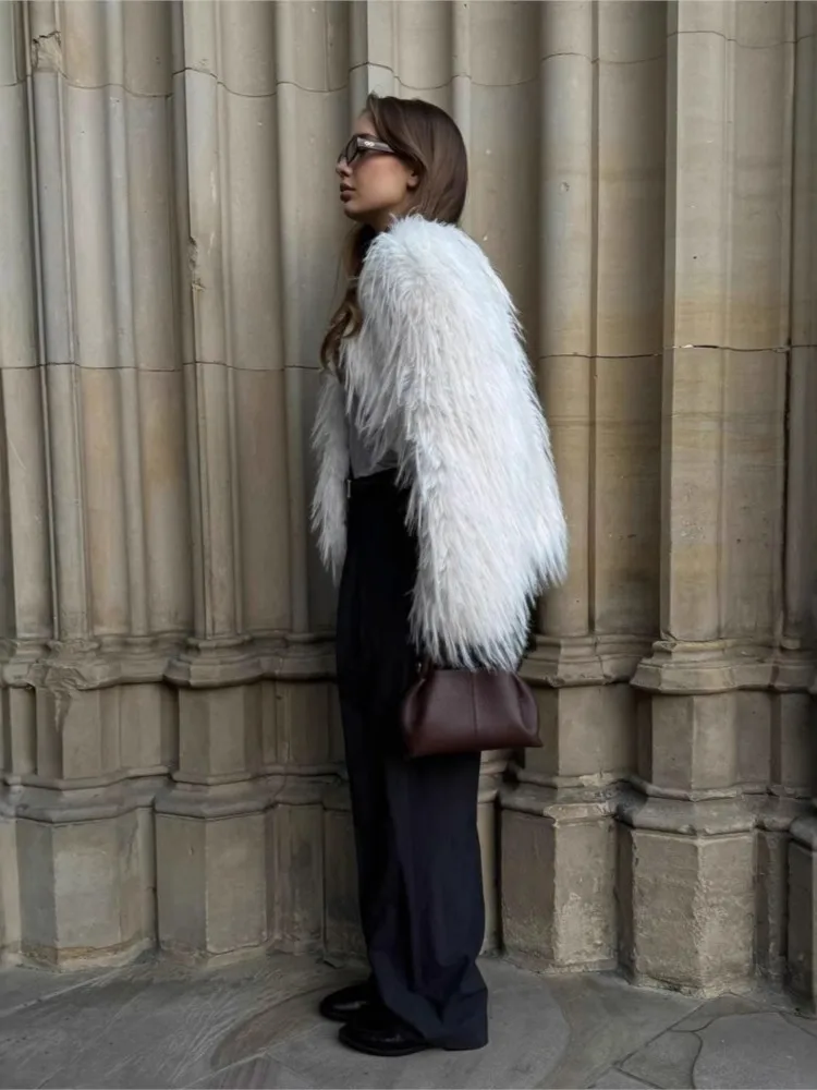 

KIDCRKJ Luxury Winter Women Eco Fur Coat Pure Color Round Neck Female Faux Fur Jacket Fluffy Furry Artificial Fur Coat For Lady