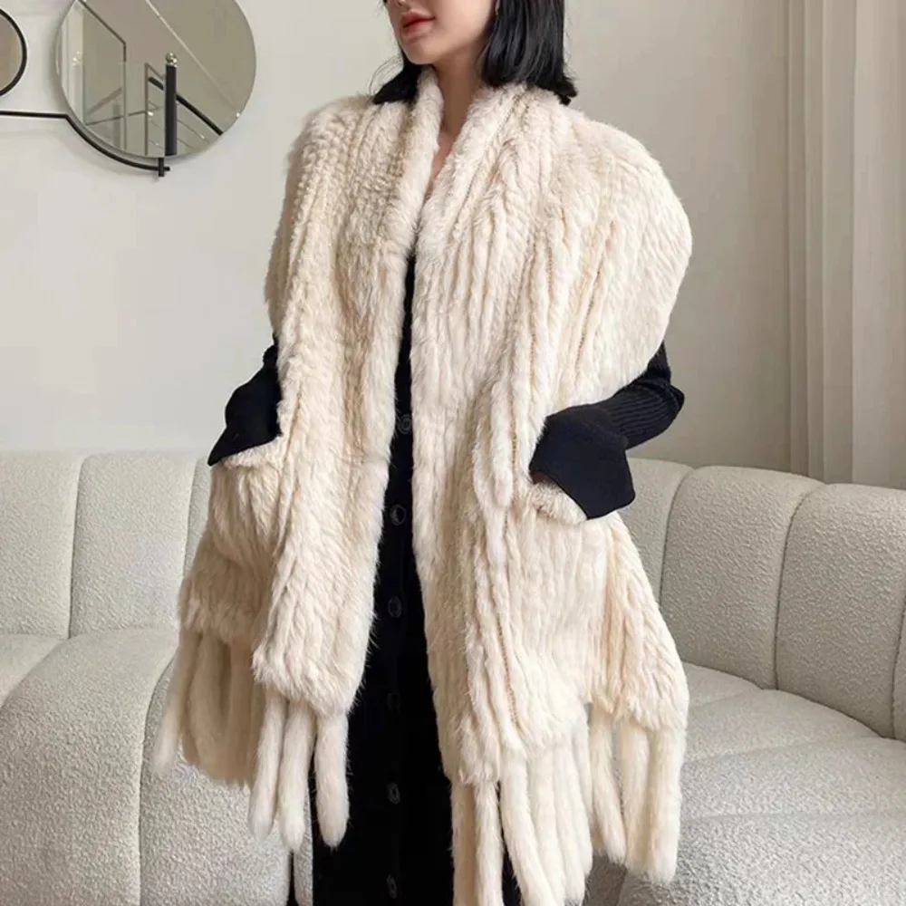 

Elegant Women Rabbit Fur Shawl Winter Warm Real Fur Women's Scarf Clothes Accessories