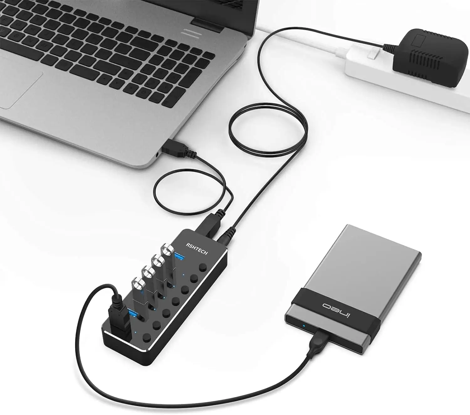 RSHTECH USB3.0 Hub en aluminium industriel répartiteur à 7 ports commutateur divisé avec adaptateur secteur 5V 2A pour tablettes de téléphone portable Macbook