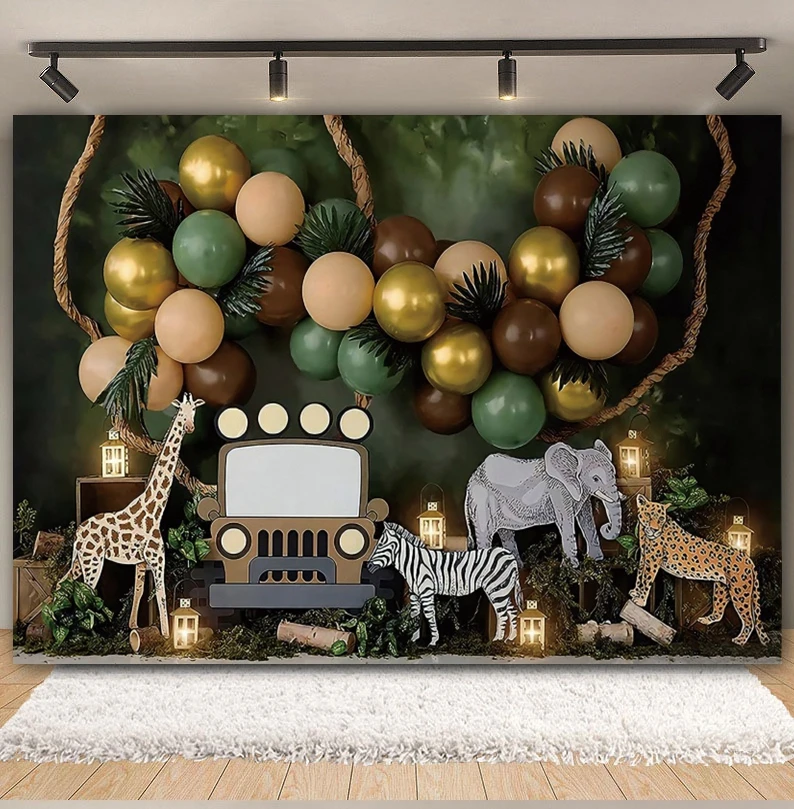 Newborn Baby 1st Birthday Jungle Safari Photography Backdrop  Wild One Forest Animals Baby Shower Cake Smash Photo Background