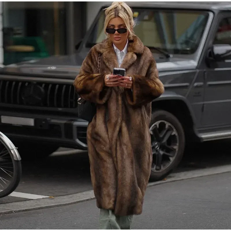 Brown Faux Fur Long Overcoat Long Sleeve Thick Coat Single Breasted Casual Long Overcoat 2024 Autumn High Street Lady Outerwear