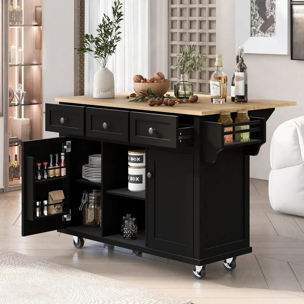 Kitchen Island on Wheels รถเข็นครัวเคลื่อนที่พร้อมตู้เกาะกลิ้ง Drop Leaf พร้อมตู้เก็บของและ 3 ลิ้นชัก สีดํา