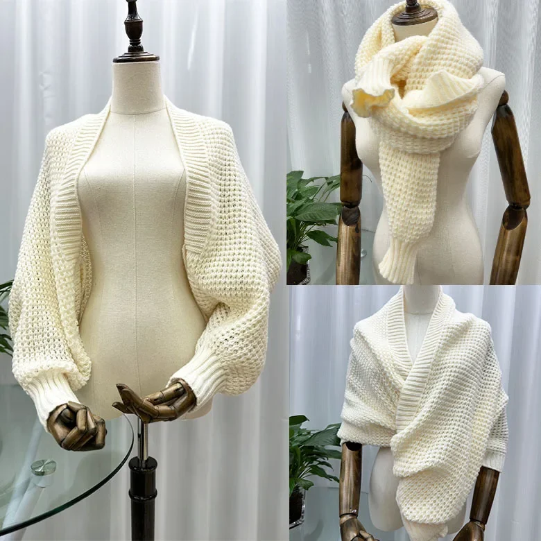 Spring Autumn New Women's Knitted Shawl Cloak Multifunctional Warm Scarf Versatile Scarf Ponchos Capes Cardigan Rosered