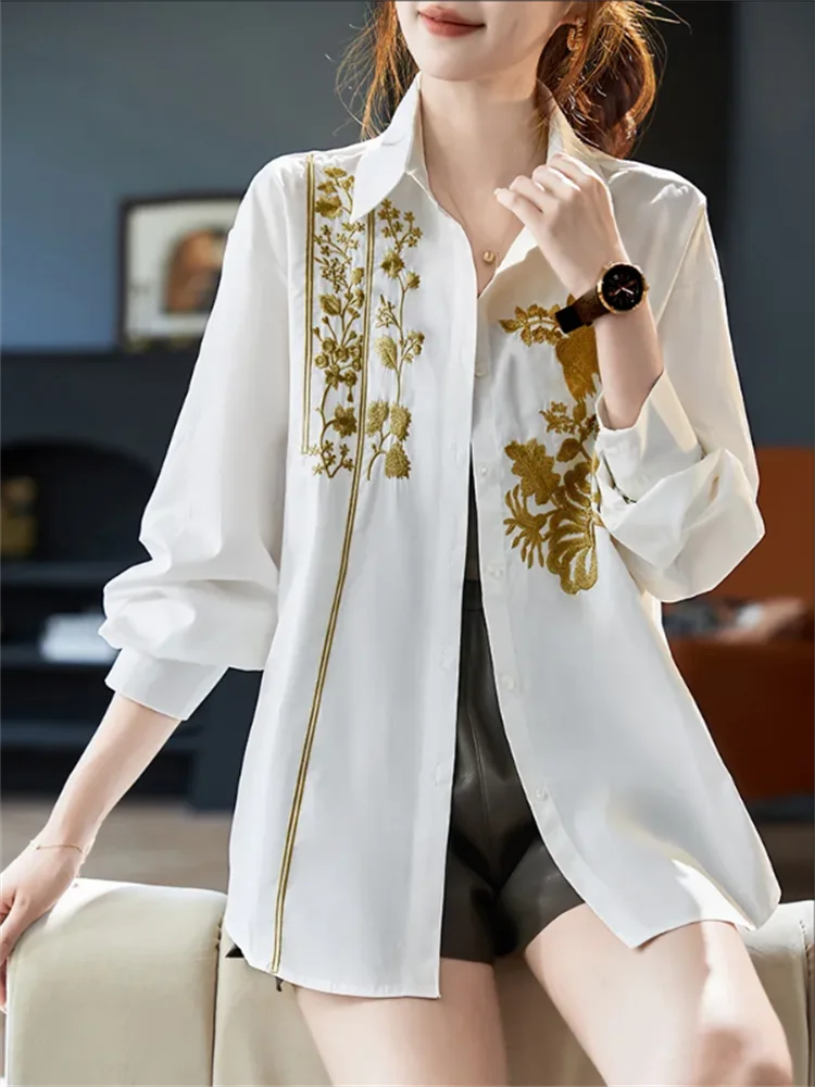 Embroidered Women Blouse White Shirt Loose Woman Clothes shirts Leisure Blouses Laple Cardigan Long Sleeve Female Blous view 4