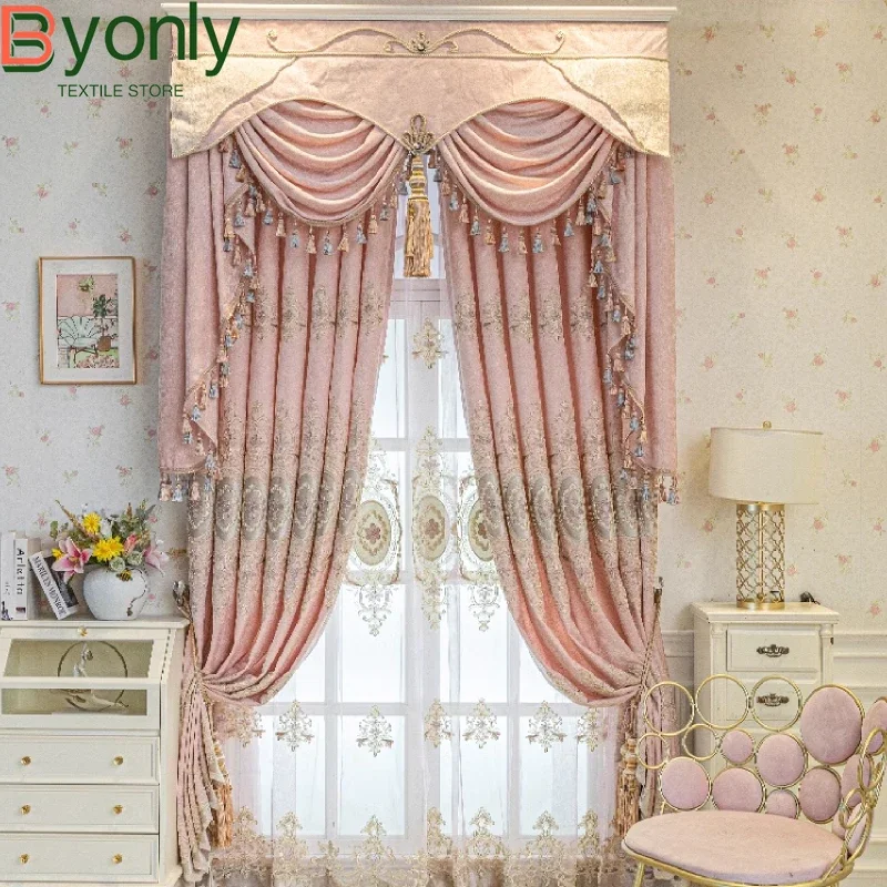 

Pink Embroidered Window Screen Thickened Jacquard Chenille Shading Curtains for Living Room Bedroom French Window Villa