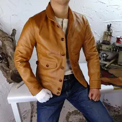 Limited Italy Oil Wax Genuine Leather Cossack Shawl Collar Campus Cowhide Leather Jackets Man Brown Jacket Motorcycle Jacket
