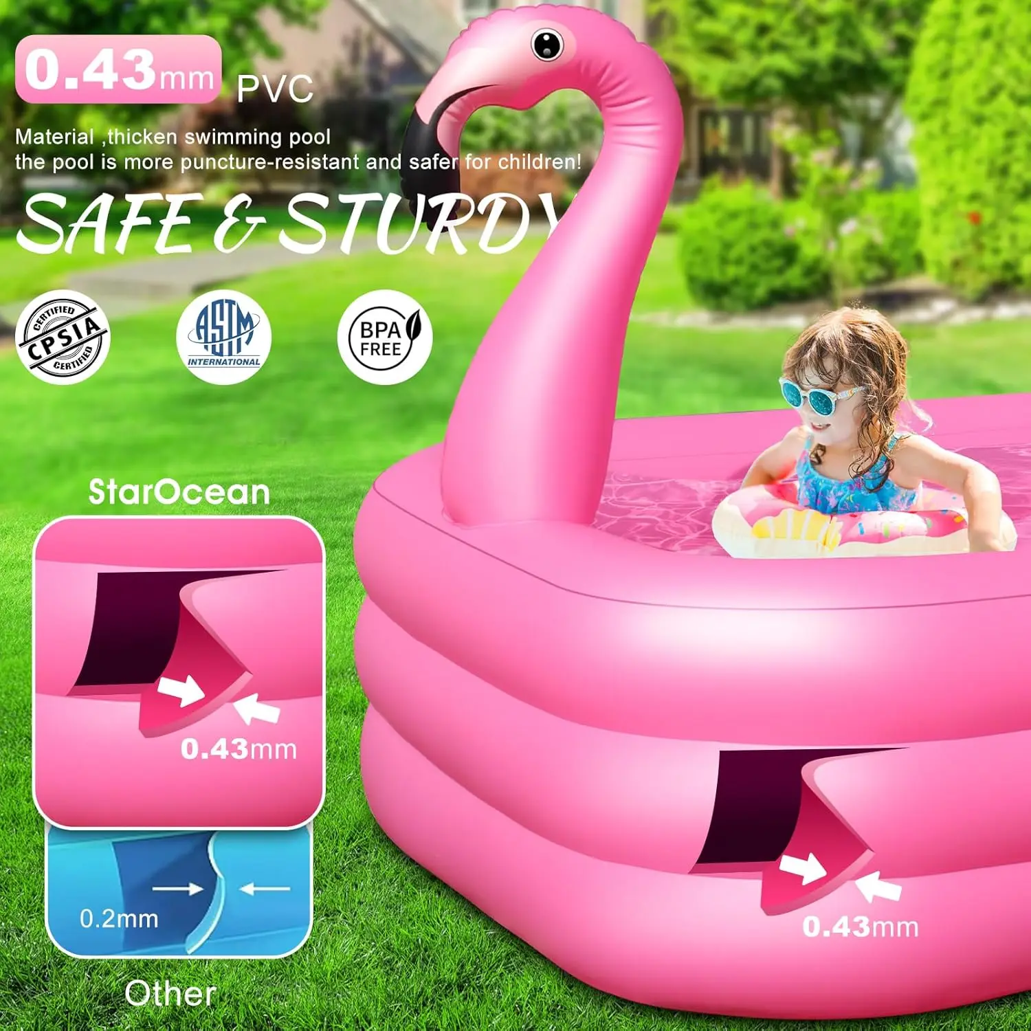 Inflatable Pool with Lights, 2024 Solar Flamingo Swimming Pool for Kids,Adults Inflatable Blow up Pool, Large Kiddie Pool, Durab