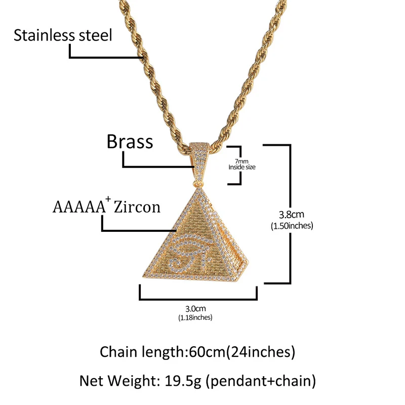 Hip Hop 3A+ CZ Stone Paved Bling Iced Out The Eye of Horus Pyramid Pendants Necklaces for Men Rapper Jewelry Gold Silver Color