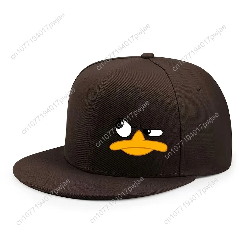 [Gorra ajustável] Boné de beisebol ajustável preto com design de rosto de pato |   Chapéu casual urbano de acrílico respirável para esportes ao ar livre