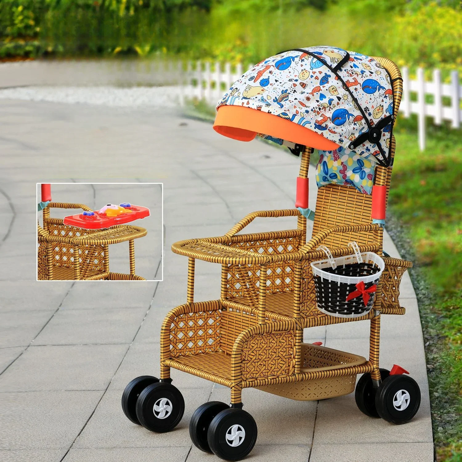 

Rattan Baby Stroller Cool Foldable Baby Stroller for Summer Handmade Rattan Baby Stroller Lightweight Four Wheel Children's Car