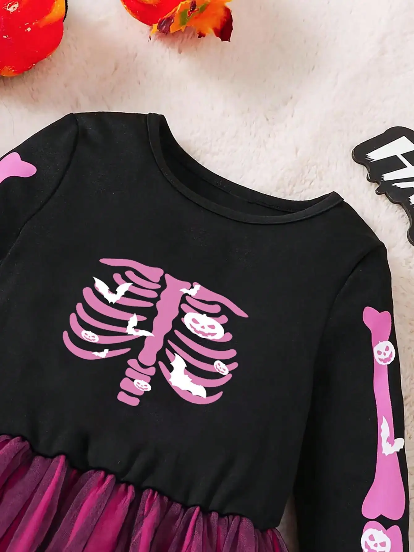 Kinder-Halloween-Kleid mit Knochenmuster, Netzstoff, Rundhalsausschnitt, Langarm, Lässig-Elegant, Mittellanger Rock für Herbst und Winter – Detail 5