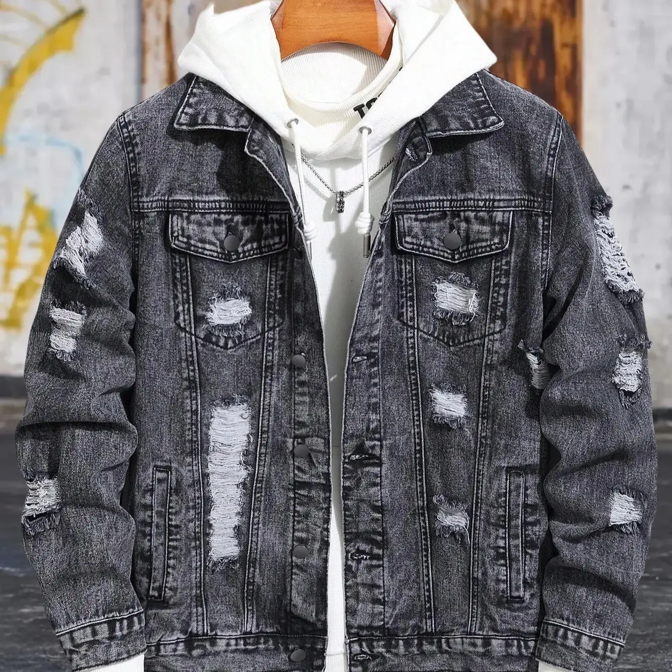 1 STÜCK Lässige, heiß verkaufte schwarze, steingewaschene Fliegerjacke für Herren, tägliche amerikanische Street-Fashion-Jeansjacke – Detail 3