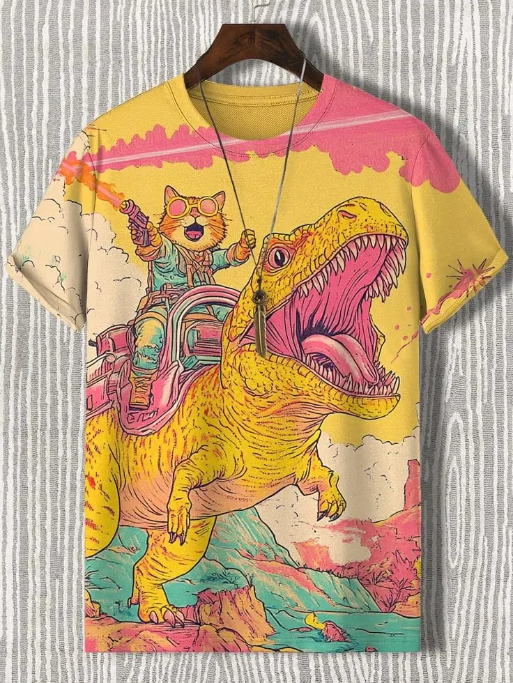 Men's Funny Laser Cat Dinosaur Art 3D Printed T Shirts Man Women Short Sleeve O-Neck T-Shirt Oversized Loose Casual Cartoon Tops