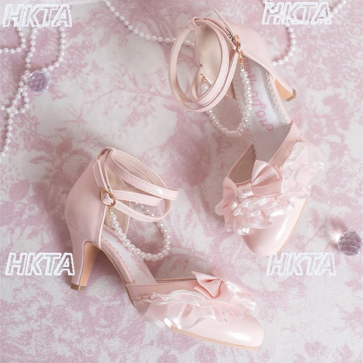 Zapatos japoneses Sweet Lolita con lazo de princesa, cadena de perlas pesada con volantes, tacones altos elegantes de tacón medio, zapatos de tacón de cuero PU para mujer