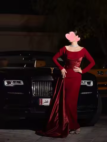 Oisslec Prom Dress Elegant Vintage Sweet Red Satin Boat Neck Ruffle Customized Formal Occasion Prom Dress Evening Party Gowns