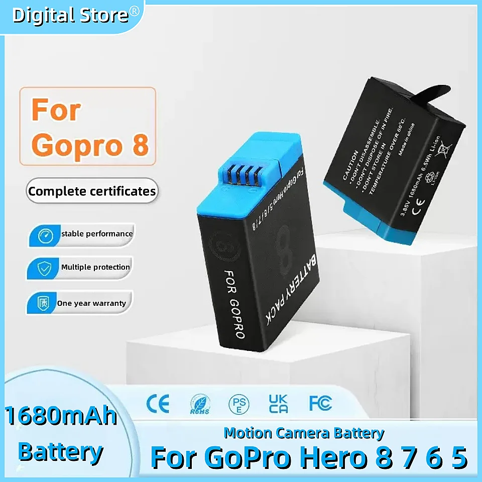 

1680mAh Battery For GoPro Hero 8 7 6 5 Li-ion Battery Pack Motion Camera Battery Storage for GoPro Hero8 Rechargeable Batteries