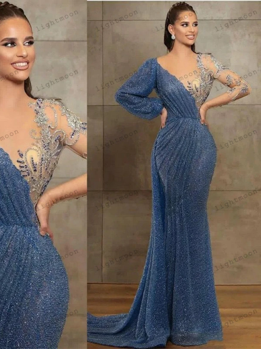 Eleganckie suknie wieczorowe damskie wyjściowa sukienka na studniówkę z dekoltem w szpic syrenka długie bufiaste rękawy szaty w stylu Vintage 2024 Vestidos De Gala
