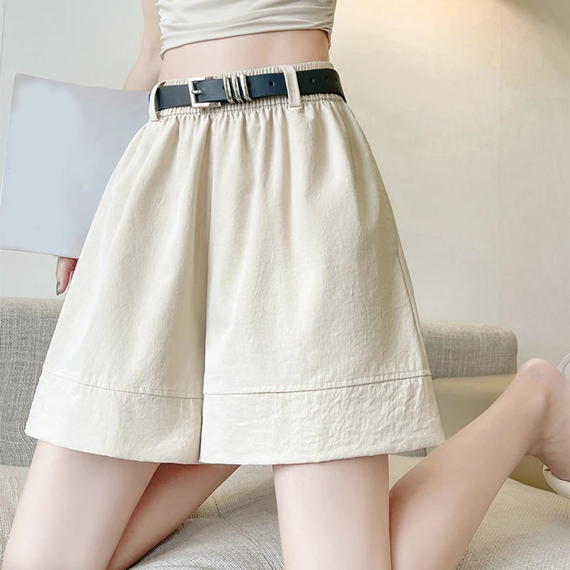Chic Spliced Women Wide Leg Shorts 2026 New Elastic High Waist Draped Cargo Shorts Casual Loose Side Pocket Solid Short Pants