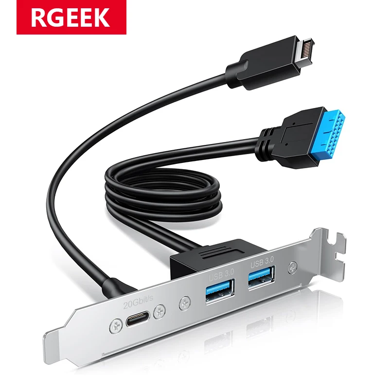 Câble adaptateur RGEEK 20Gbps USB3.2 USB-C 2x USB-A 5Gbps avec couvercle de support PCI pleine hauteur, type E vers USB-C, USB 19 broches vers 2 USB-A