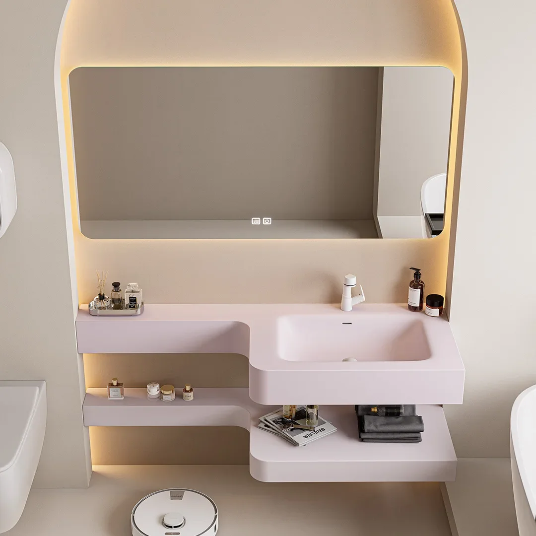 

Bathroom Skin Sensor Vanity Cabinet with Sink and Mirror Integrated Arc Washing Table Combination To Wash Bathroom Furniture