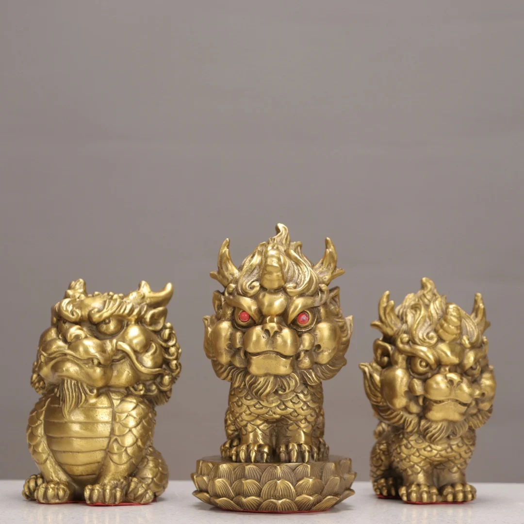 7"Tibetan Temple Collection Old Brass Chinese Loong Statue Dragon Baby A Set Amass wealth Ornaments Town house Exorcism view 3