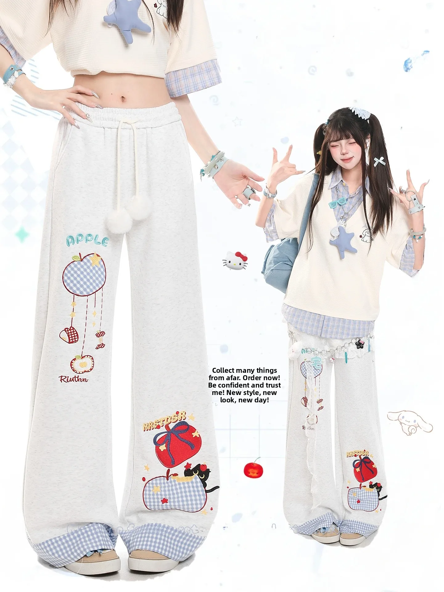 Korean Style Casual  Embroidery Straight Leg Pants Women Summer High Waist Slimming Versatile Super Beautiful Drapey Flo...