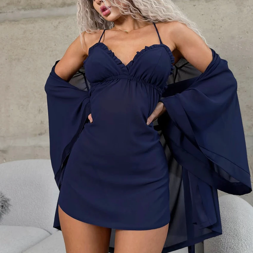 

Hiloc Sexy Blue Spaghetti Strap Sleepwear Two Piece Sets Loose Flare Sleeve Lace-Up Full Placket Robe V-Neck Ruched Women Dress