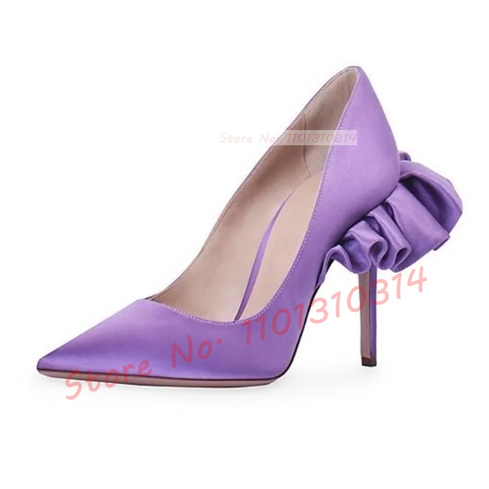 Purple Ruffles Pointy Satin Pumps Women Elegant Stiletto High Thin Heels Silk Shoes Ladies Chic Large Size Feminine Beige Pumps