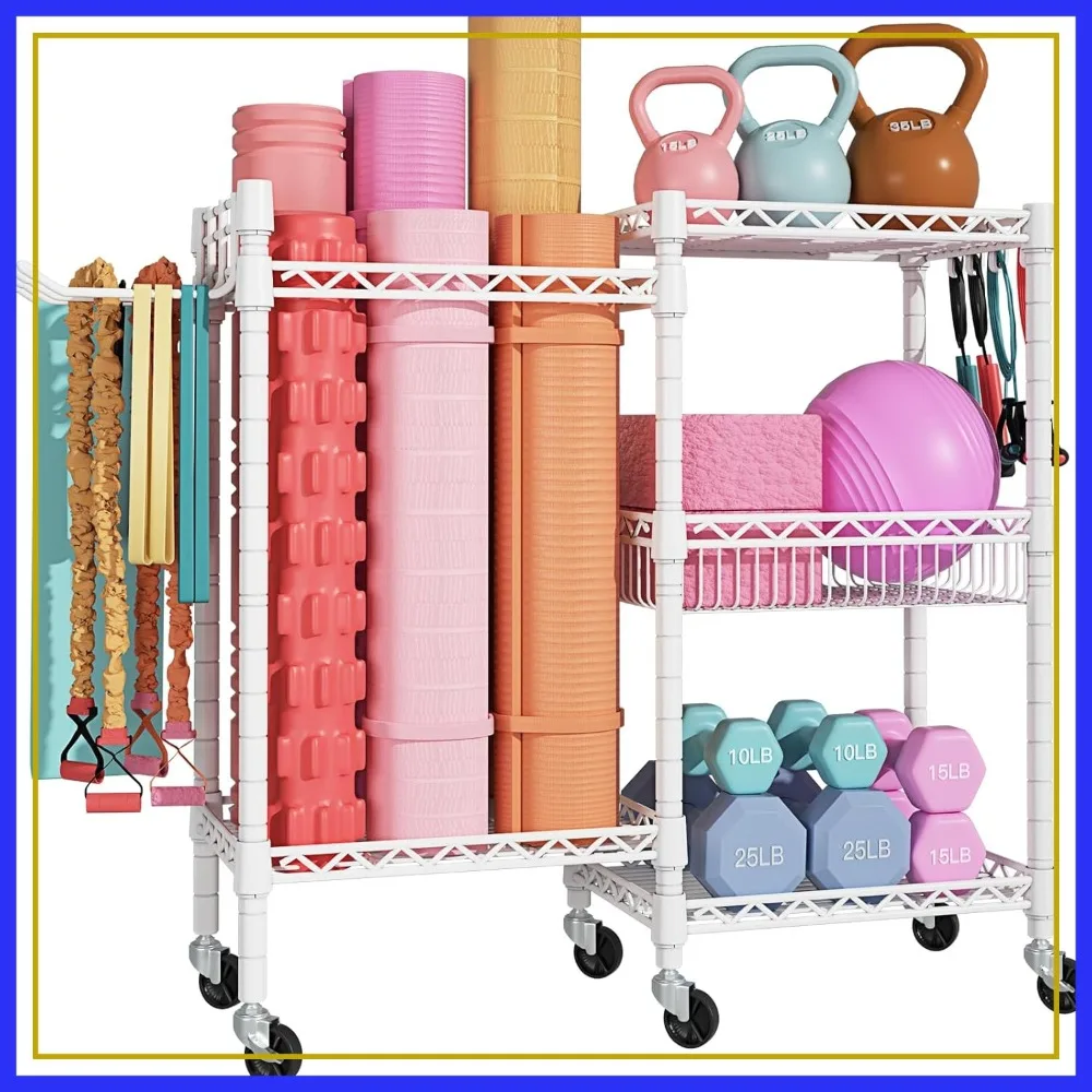 

3-Tier Home Gym Storage Organizer with Wheels for Yoga Mats, Dumbbells, Kettlebells, Resistance Bands