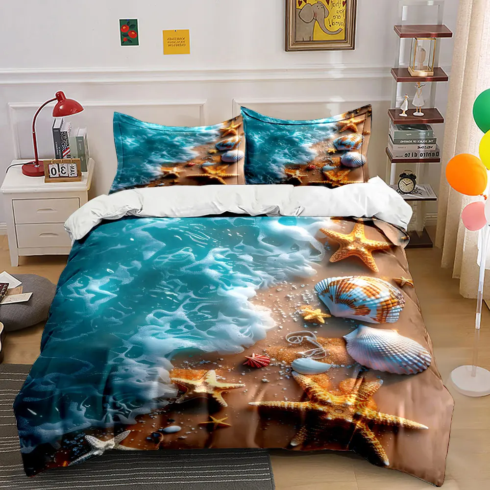 Waves and seashells on the beach Print Bedding set 3PC 1 duvet cover 2 pillowcases adult and children bedding set Luxury